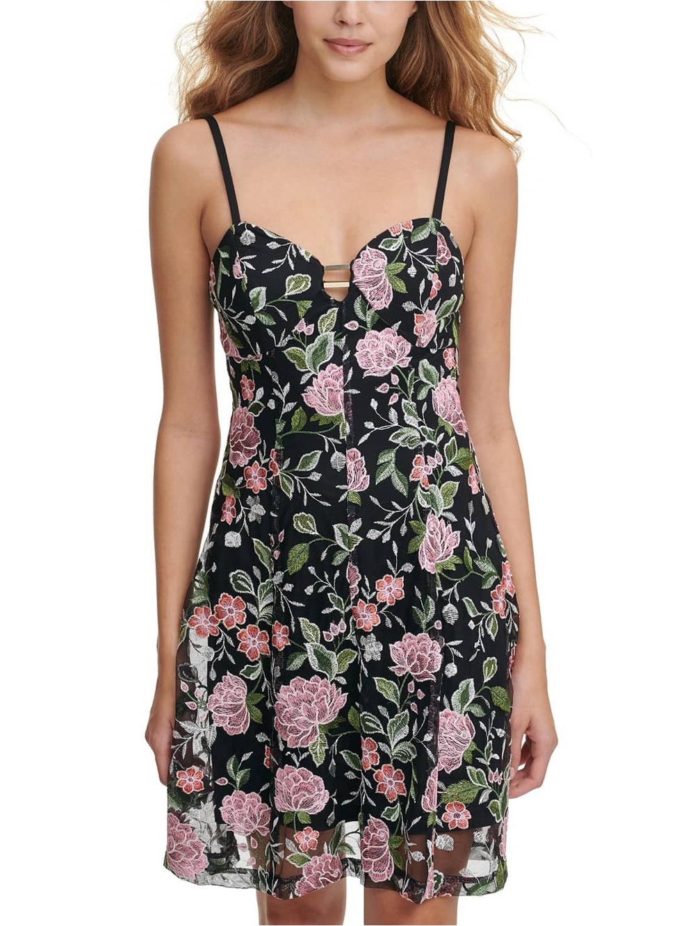 Guess Black Mini Dress with Pink Floral Embroidery Size 10 Dress